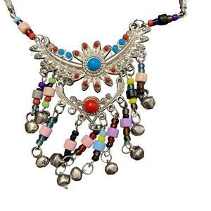 Boho Beaded Silver Afghan Necklace